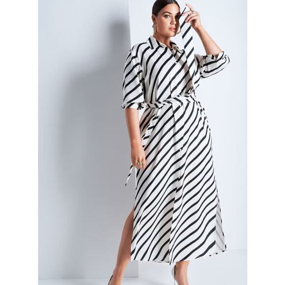 Eloquii Black White Striped Long Sleeve Slit Belted Button Maxi Shirt Dress 14 - Picture 5 of 7